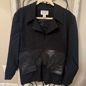 Focus‎ 2000 Wool Jacket With Faux Leather Trim Black Vintage Size 14